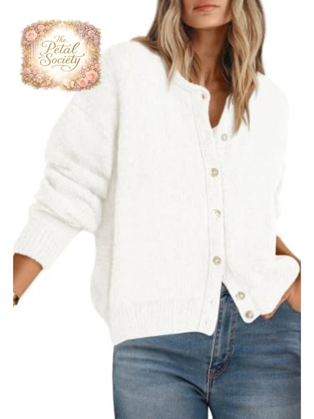 Long Sleeve Button Down Crewneck Cardigan Sweater Lightweight Knit